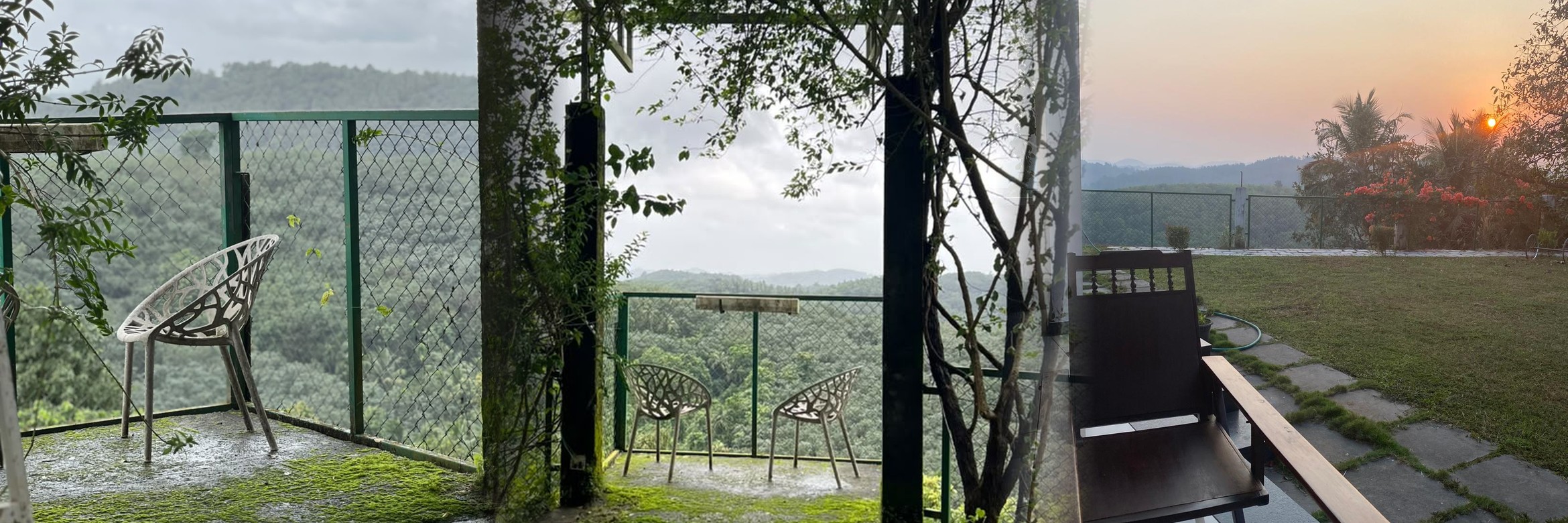 Terrace views at every hour — rain, midday, and sunset